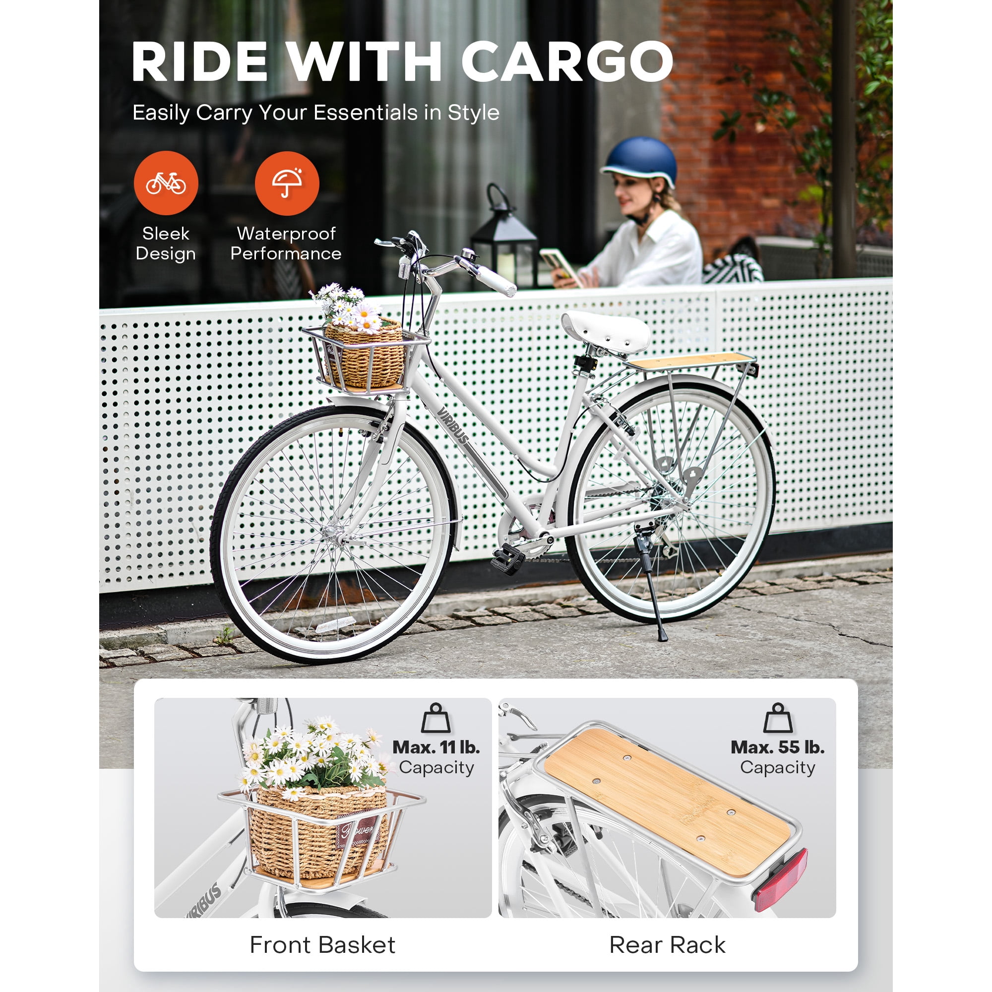 Viribus 700c Velo Hybride pour Femmes Velo de Plage et de Ville avec Derailleur a 7 Vitesses Porte Bagages Arriere Blanc Walmart