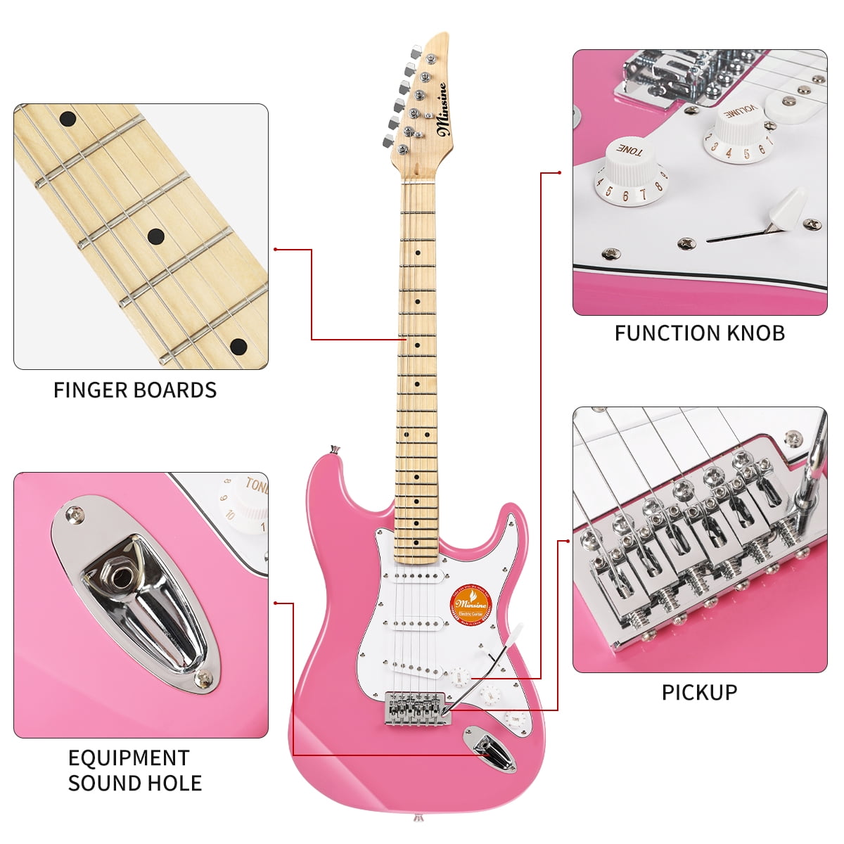39 Inch Electric Guitar, Full Size Solid Body S-S-S Pickups 6 Strings Beginner Guitar Kit With Gig Bag, Strap, Tremolo Arm, Cable & Picks MS100 -Pink