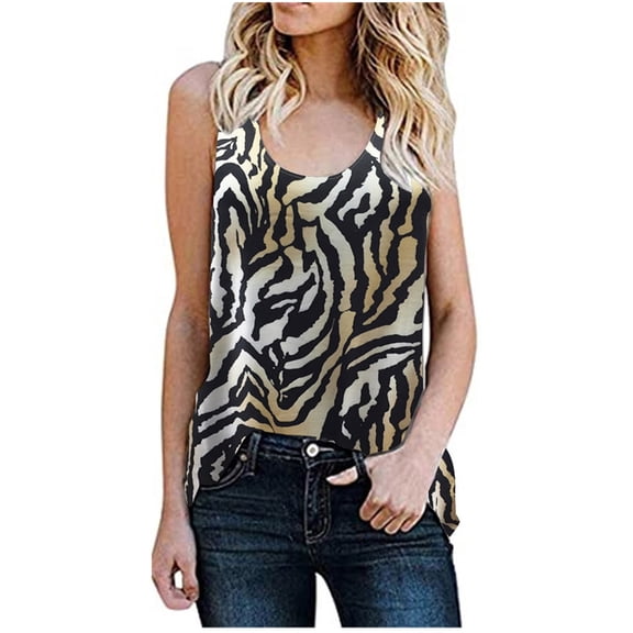 Conairie Womens Tank Tops Leopard Print Crew Neck Tunic Top Trendy Loose Fit Summer Sleeveless Basic Tee Black XXL