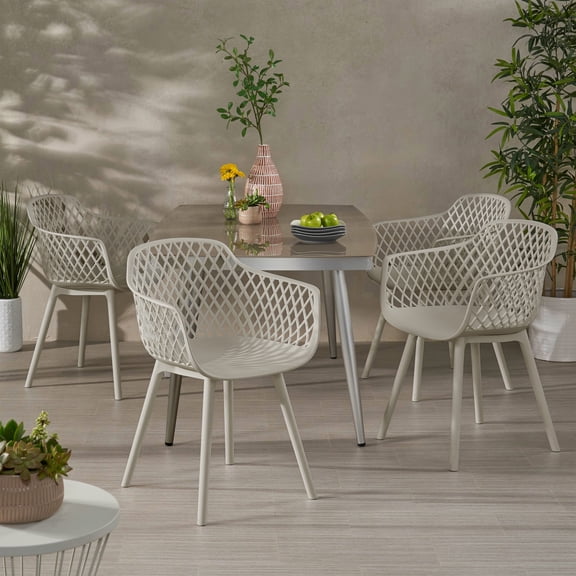 Christopher Knight Home Poppy Plastic Outdoor Dining Chairs Set of 4, Mesh Back Design, Camel