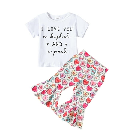

Baby Girl Summer Outfit Short Sleeve Letters Print T-shirt Heart Pants
