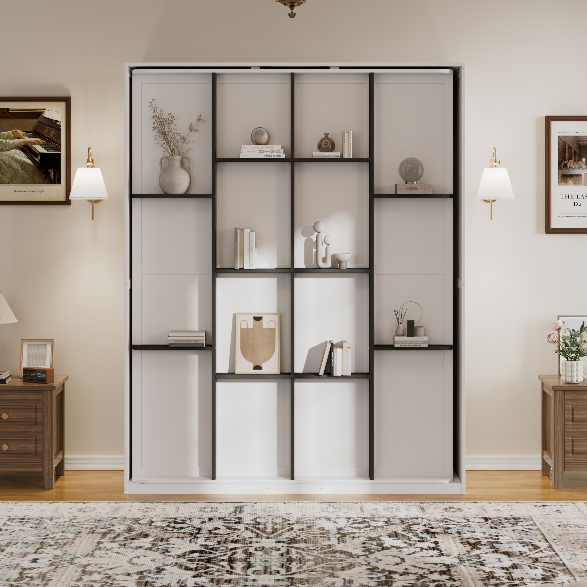 Mintazer Queen Size Murphy Bed with Rotating Door Shelves, Convertible Wall Platform Bed with Bookcase for Home Bedroom Living Room, White