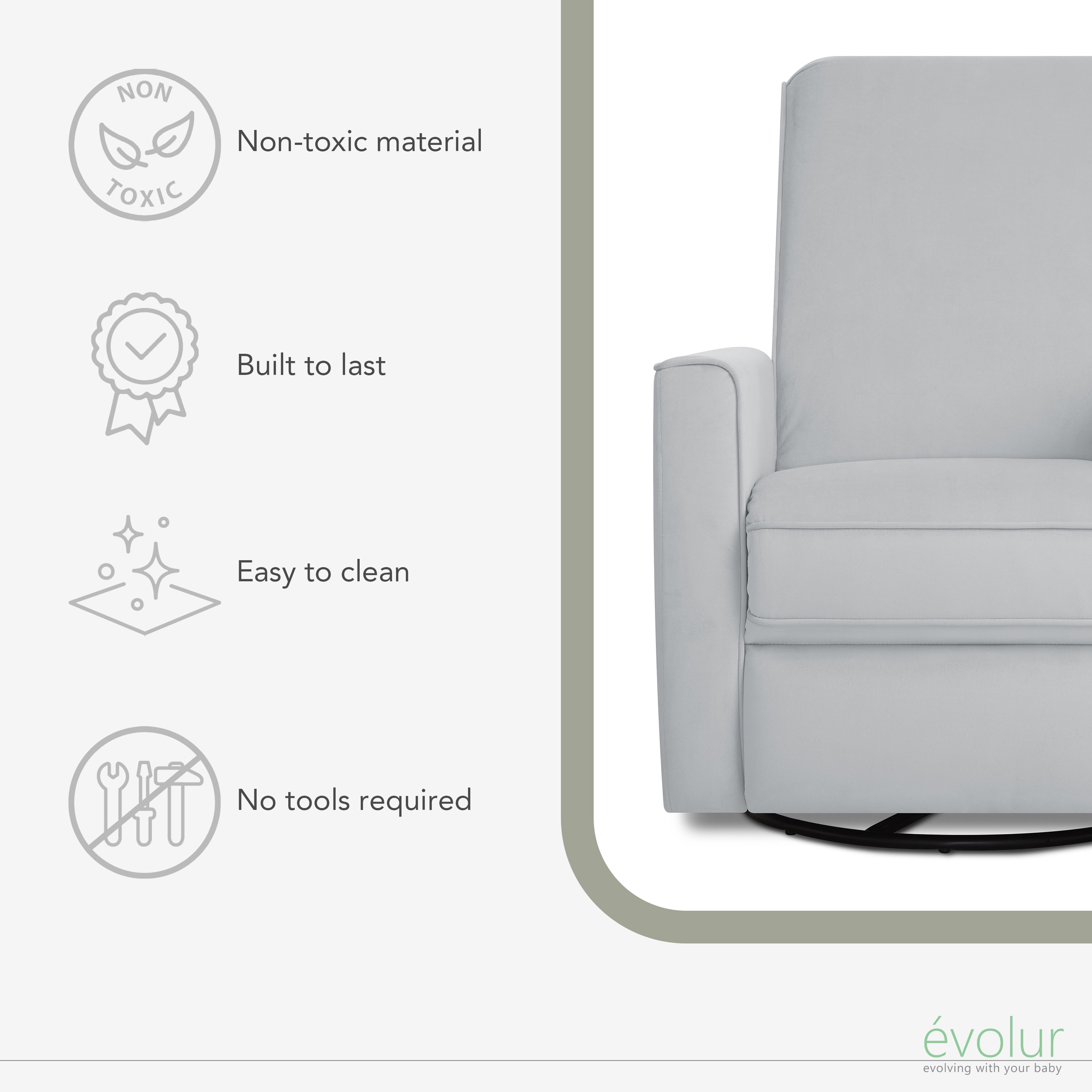 Evolur Harlow Deluxe Upholstered Plush Seating Glider Swivel, Power Recliner with USB Port, Greenguard Gold Certified, Glider Chair for Nursery, Mystic Gray