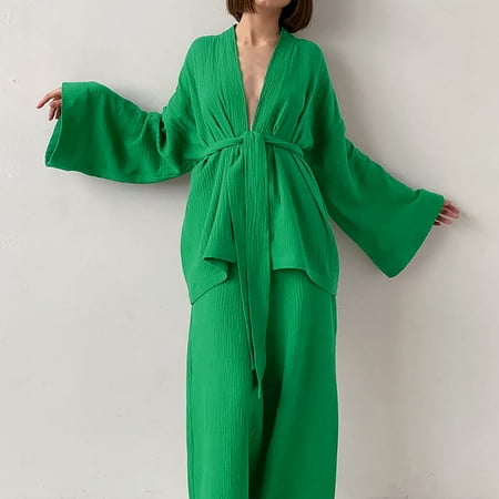 

Rewenti Women s Long Sleeved Loose Trousers Crepe Women s Solid Color Nightgown Housewear Pajama Suit Mint Green X-Large(XL)
