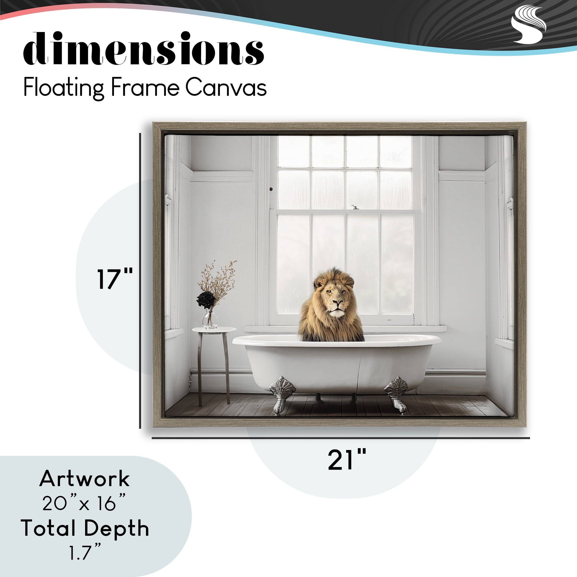Minimalist Lion Bathtime Brown Framed Floater Canvas Wall Art, design by Sasha
