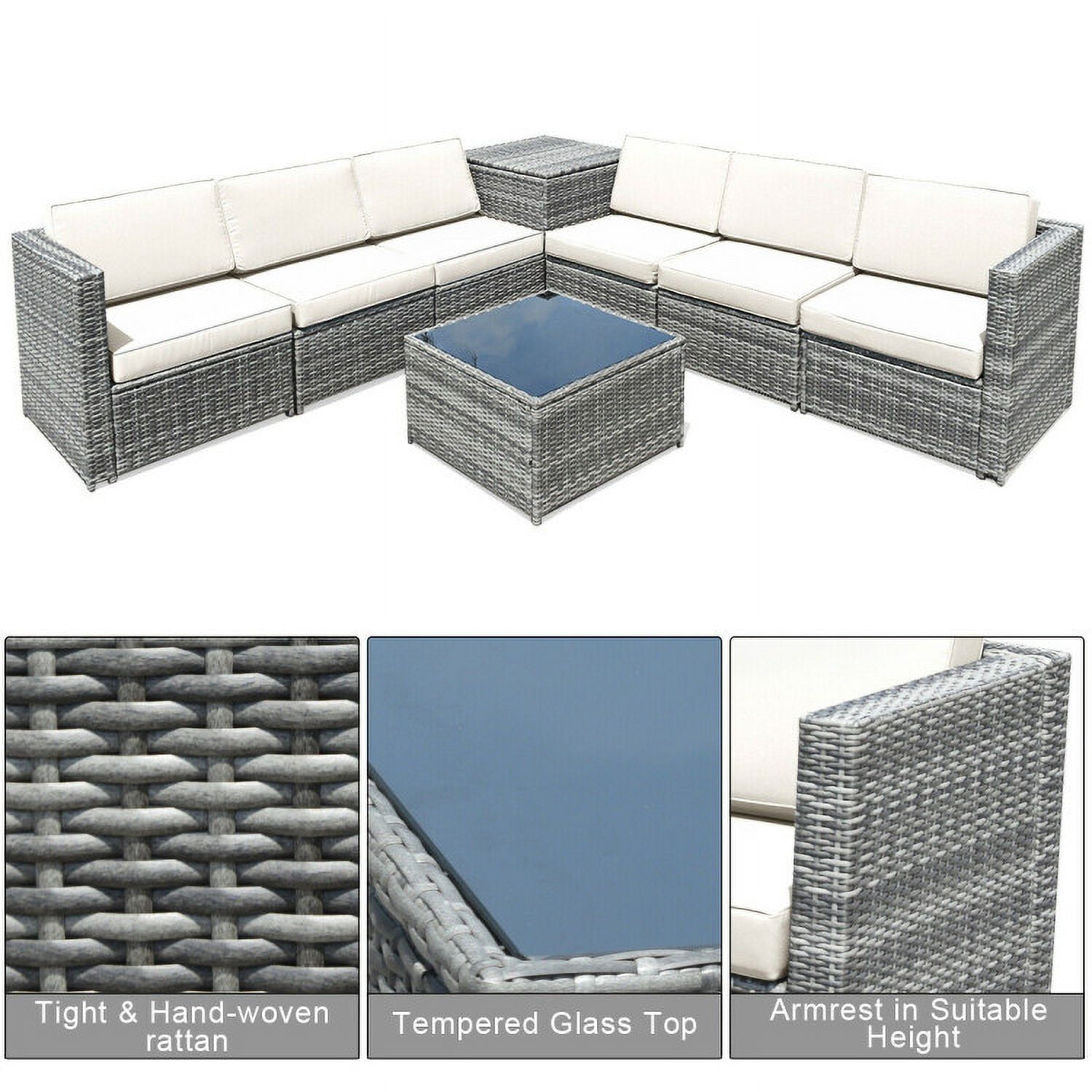 Aimee Lii 8 Piece Wicker Sofa Rattan Dinning Set Patio Furniture with Storage Table, Outdoor Deck Furniture, White Aimee Lii 8 Piece Wicker Sofa Rattan Dinning Set Patio Furniture with Storage Table, Outdoor Deck Furniture, White