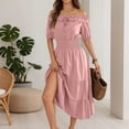 thumbnail image 2 of DHFJKG Wedding Guest Dresses For Women Summer Off Shoulder Long Dress Casual Puffy Short Sleeve Smocked Waist Flowy A-Line Sundress Comfortable Dresses, 2 of 8