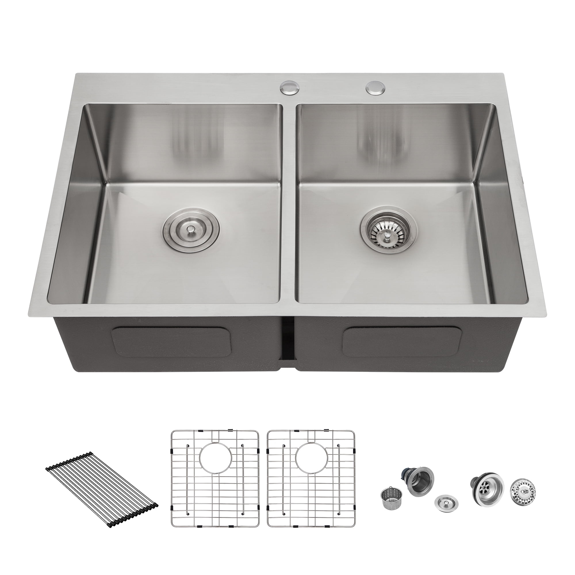 Izzovium 33"x22"x10" Double Bowl Drop in Kitchen Sink, 16 Gauge Stainless Steel with Brushed Nickel Finish, 50/50 Split Design, Two 10" Deep Basins