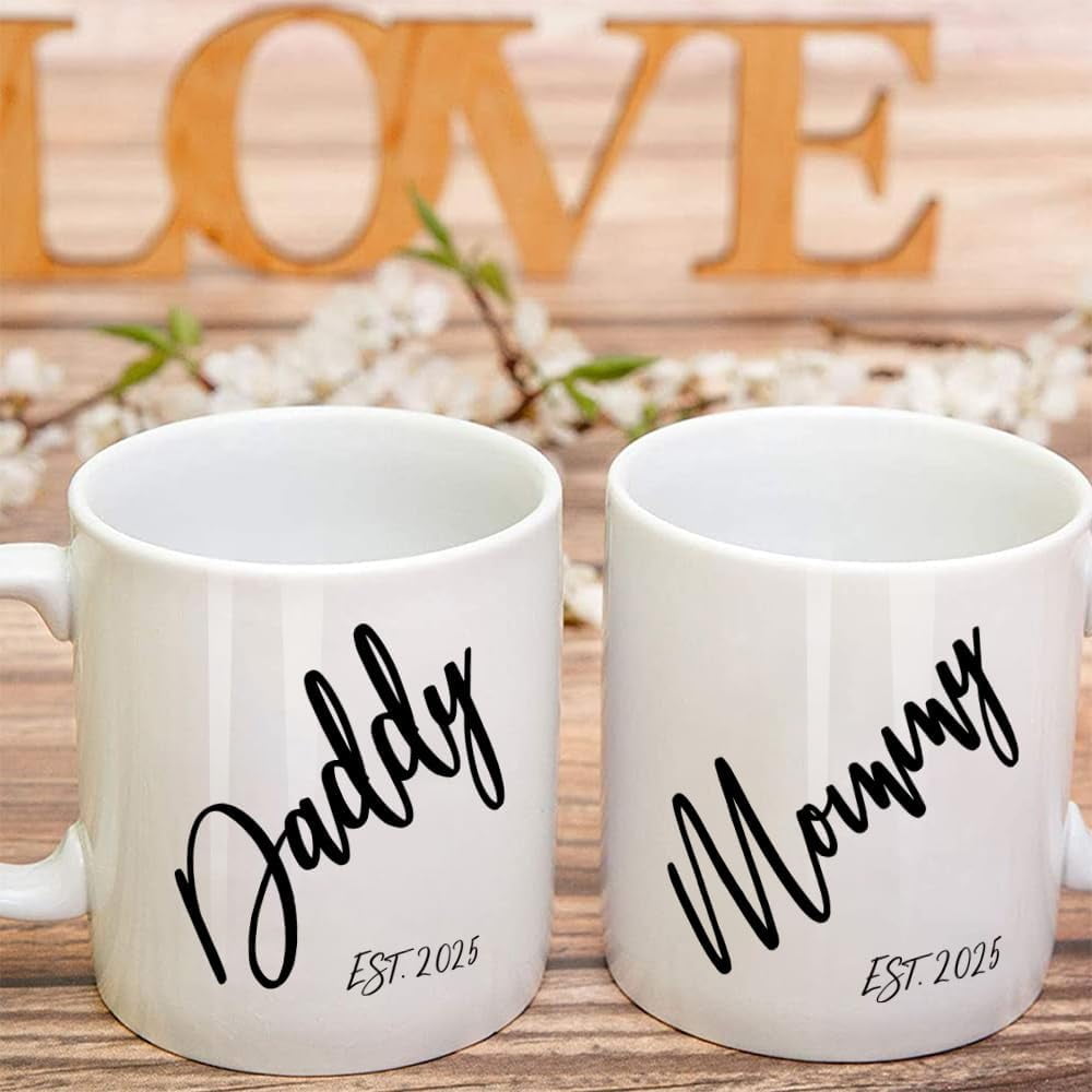 EST 2025 New Daddy Mommy Mugs Set Gift for Expecting Parents First Time Parents, Promoted to Be Mom Dad, Baby Reveal Pregnancy Announcement Gift for New Parents