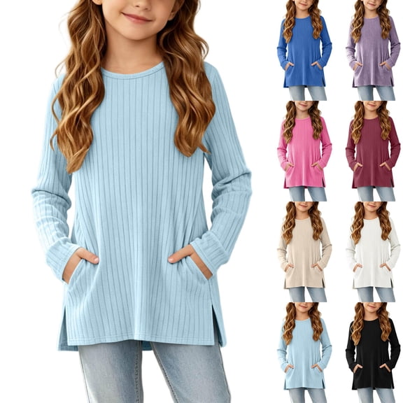 YUANxueke Girls Ribbed Knit Tunic Tops with Side Pockets Crewneck Long Sleeve Side Split Hem Casual Tops for 5-15 Years