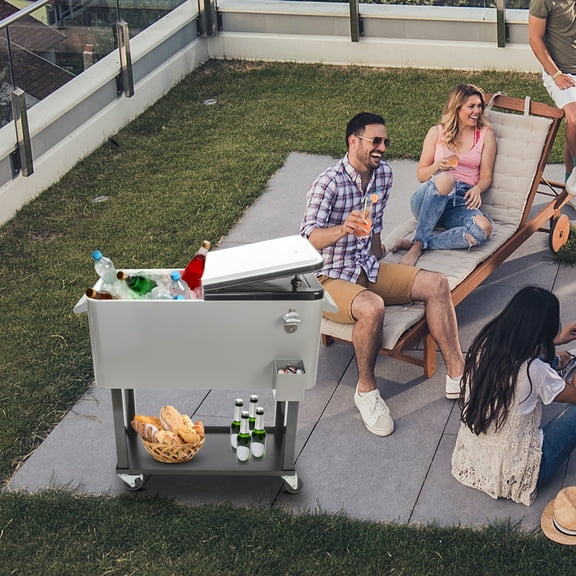 SamyoHome 80QT Rolling Party Iron Spray Cooler Cart Ice Bee Chest Patio Warm Shelf