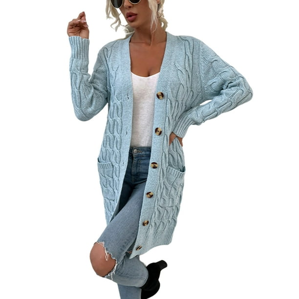 Cardigan para mujer Sueter Mujer Sueter de manga larga de moda con frente abierto con botones y bolsillos Sueteres de punto Cardigan para mujer Verde L Yinane Chaqueta de punto Walmart