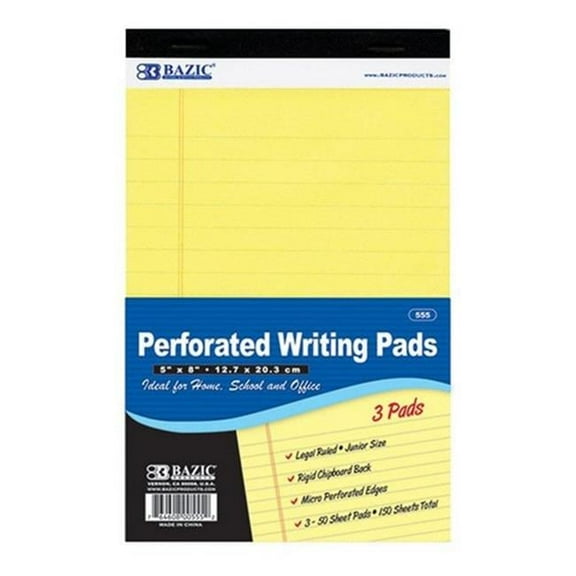 Bazic 555  50 Ct. 5'' X 8'' Canary Jr. Perforated Writing Pad (3/Pack)  Case of 24