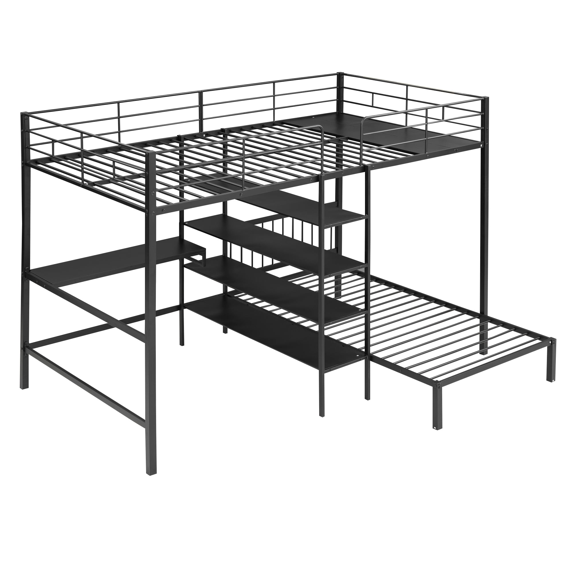 Full Over Twin Bunk Bed with Built-in Desk and Storage Shelves,L-Shape Heavy-Duty Metal Bunk Bed w/Staircase & Safety Guardrail,for Bedroom Boys Girls Adults,Black