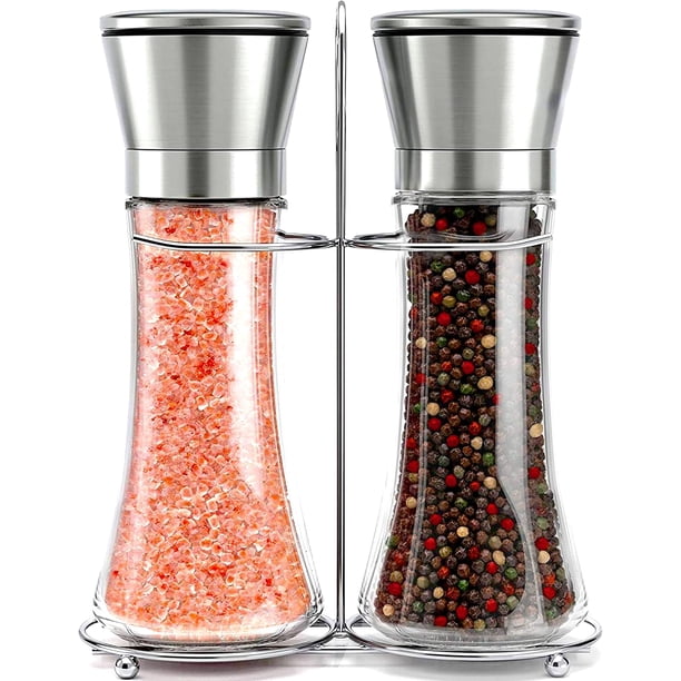 Elegante juego de molinillo de sal y pimienta de acero inoxidable, material de vidrio que garantiza especias recién molidas, estante práctico y portátil, grosor ajustable para cocina, barbacoa o