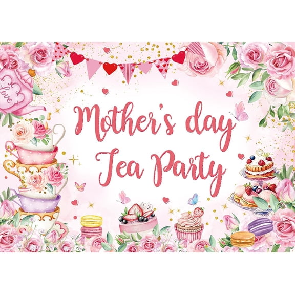 Mother's Day Tea Party Backdrop Pink Floral Mother's Day Photography Background Let's Partea Thanks Mom Wall Decorations Banner Supplies Photo Booth Props