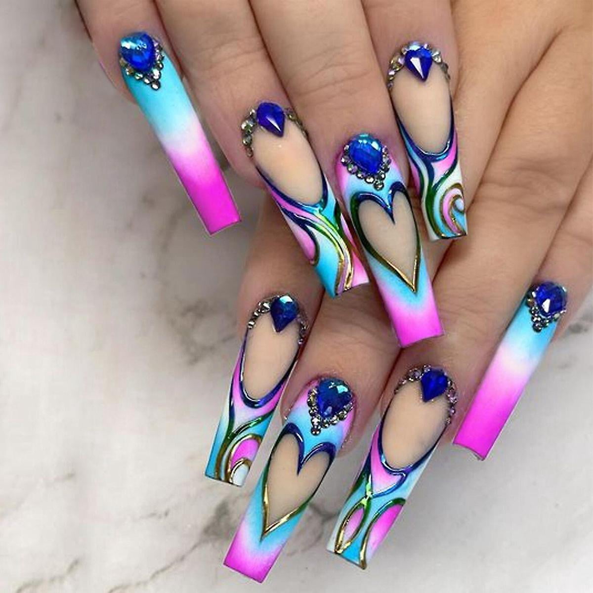Lishi Matte Acrylic False Nails - Coffin Shape with Crystal Nail