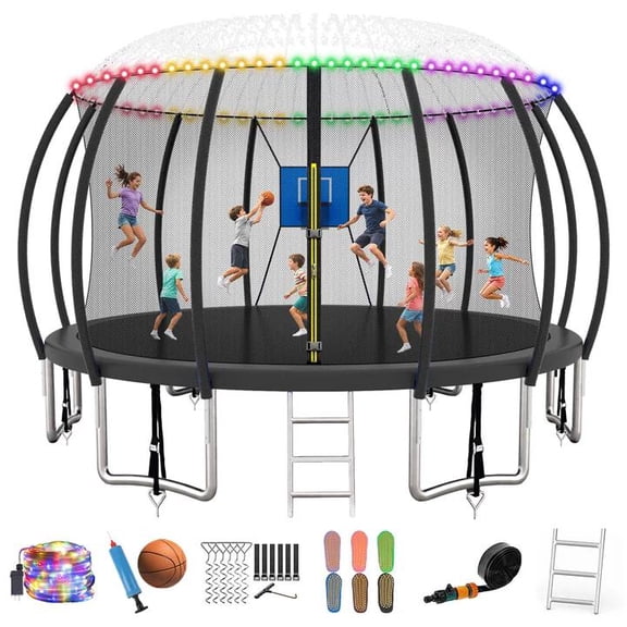 16FT Pumpkin Outdoor Trampoline Heavy-Duty Yard for Kids & Adults with Enclosure Basketball Hoop