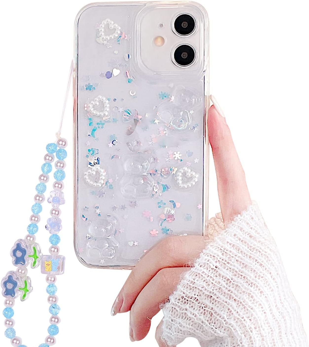 Compatible for iPhone 11 Case with Phone Charm/Chain Strap,Cute 3D Bear