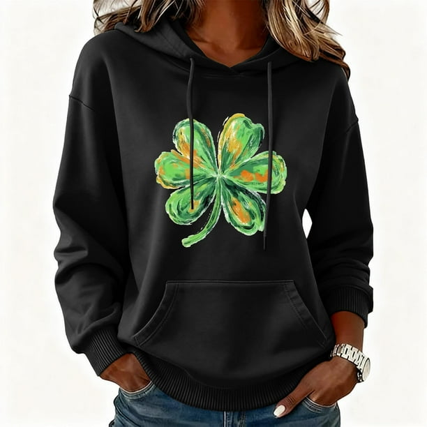 Xuyuer Womens St. Patrick's Day Clover Print Hoodie Casual Long Sleeve Sweatshirt Irish Shamrock Pullover Tops Sweatshirts Clover Print Shirts Casual Irish Gift Loose Fit Tops