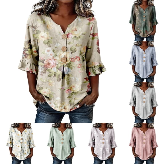 WERYOUNG Women's T Shirts Half Sleeve V Neck Floral Print T-Shirts Summer Fashionable Tees For Everyday Casual Wear Soft Tops L