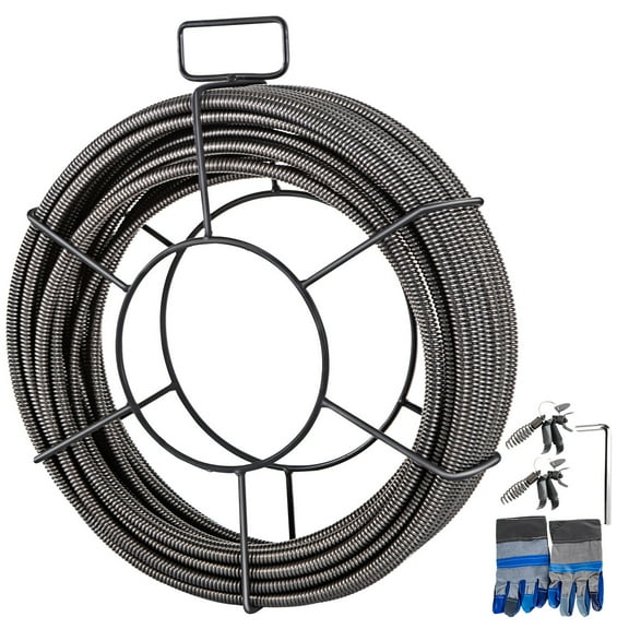 KFFKFF Drain Cleaning Cable, 100 FT x 3/8 Inch, Comprised of Solid Steel Core with 4 Cutters, Suitable for 2" to 4" Pipes, Auger Cleaning Cable for Sink, Floor Drain, Toilet