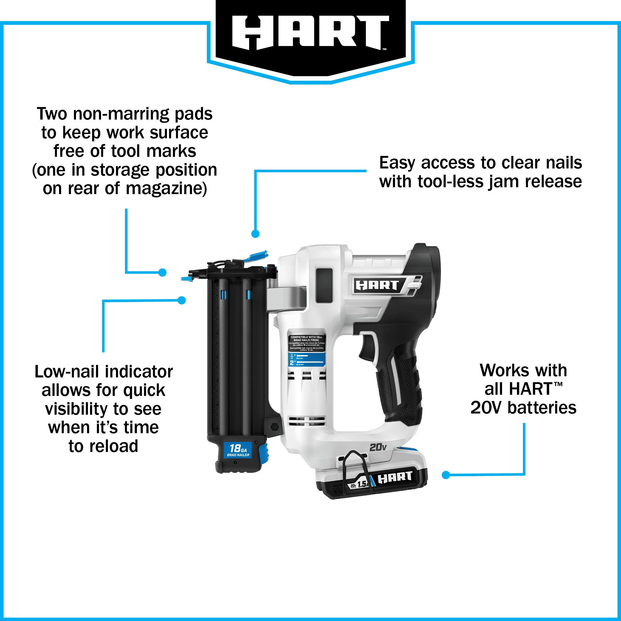 HART 20-Volt 2-inch 18-Gauge Battery-Powered Brad Nailer (Battery Not Included)