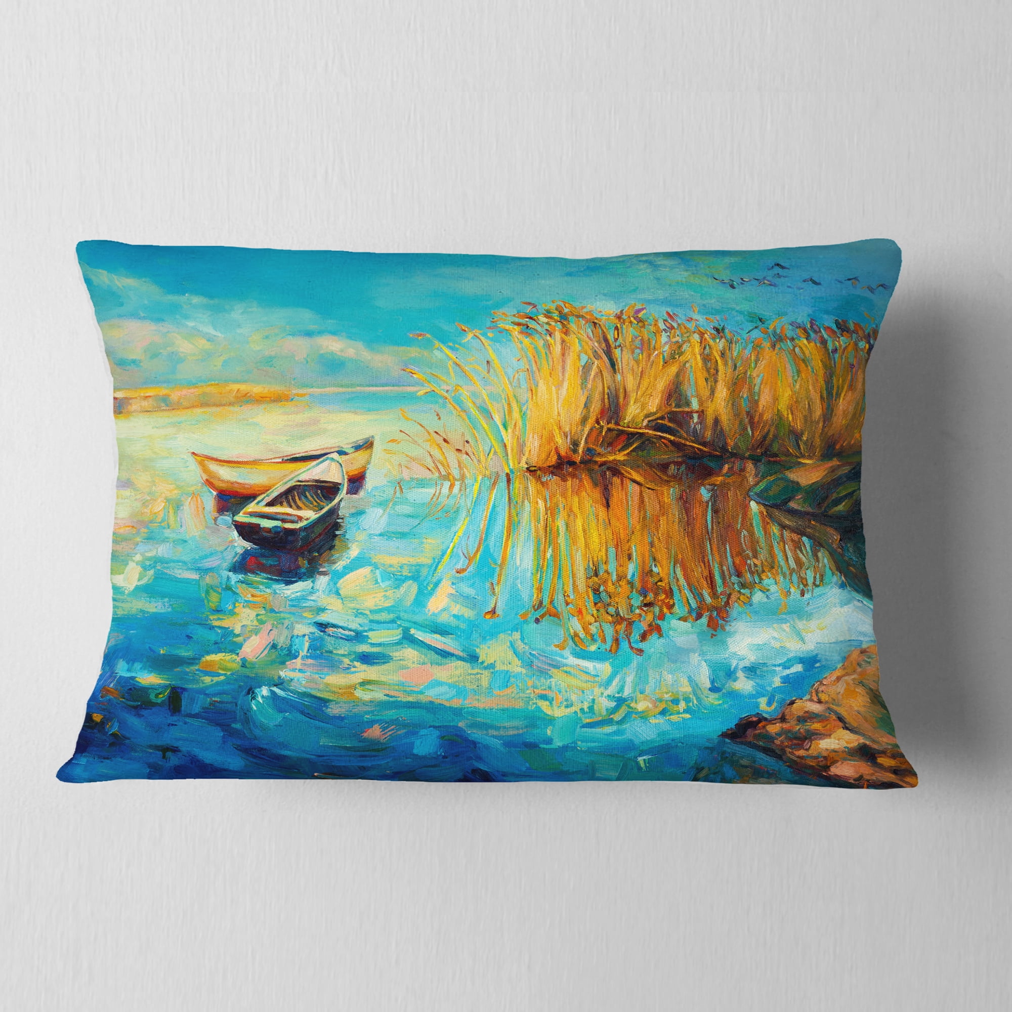 Designart Colorful Lake with Boats - Seascape Throw Pillow - 12x20