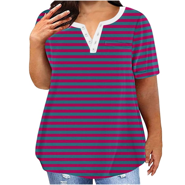 Blusas para las Mujeres Casual Oversized Rayas Impreso Botón Cuello en V Top, Tops Cortos para las Mujeres