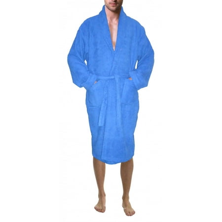 Blue Mens Sleepwear - Men’s 100% Terry Cotton Bathrobe Toweling Robe Blue Large