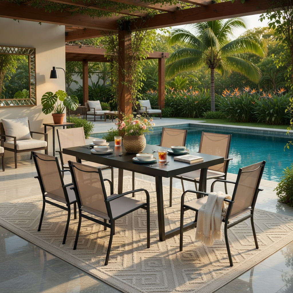 Hommoo 2-Pack Outdoor Dining Chairs, High-Back Metal Patio Chairs with Ergonomic Lumbar Support, Stackable & Weather-Resistant Fabric, Light Brown