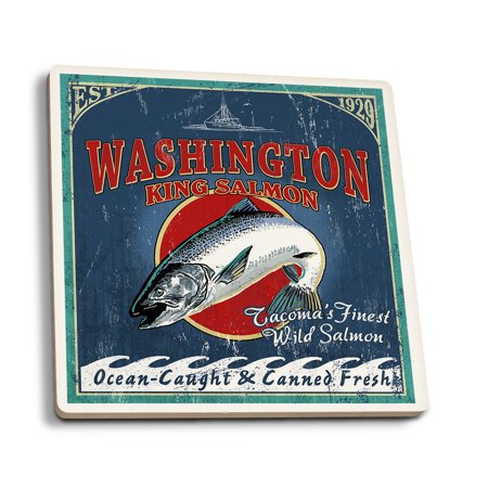 

Tacoma Washington Salmon Vintage Sign (Absorbent Ceramic Coasters Set of 4 Matching Images Cork Back Kitchen Table Decor)