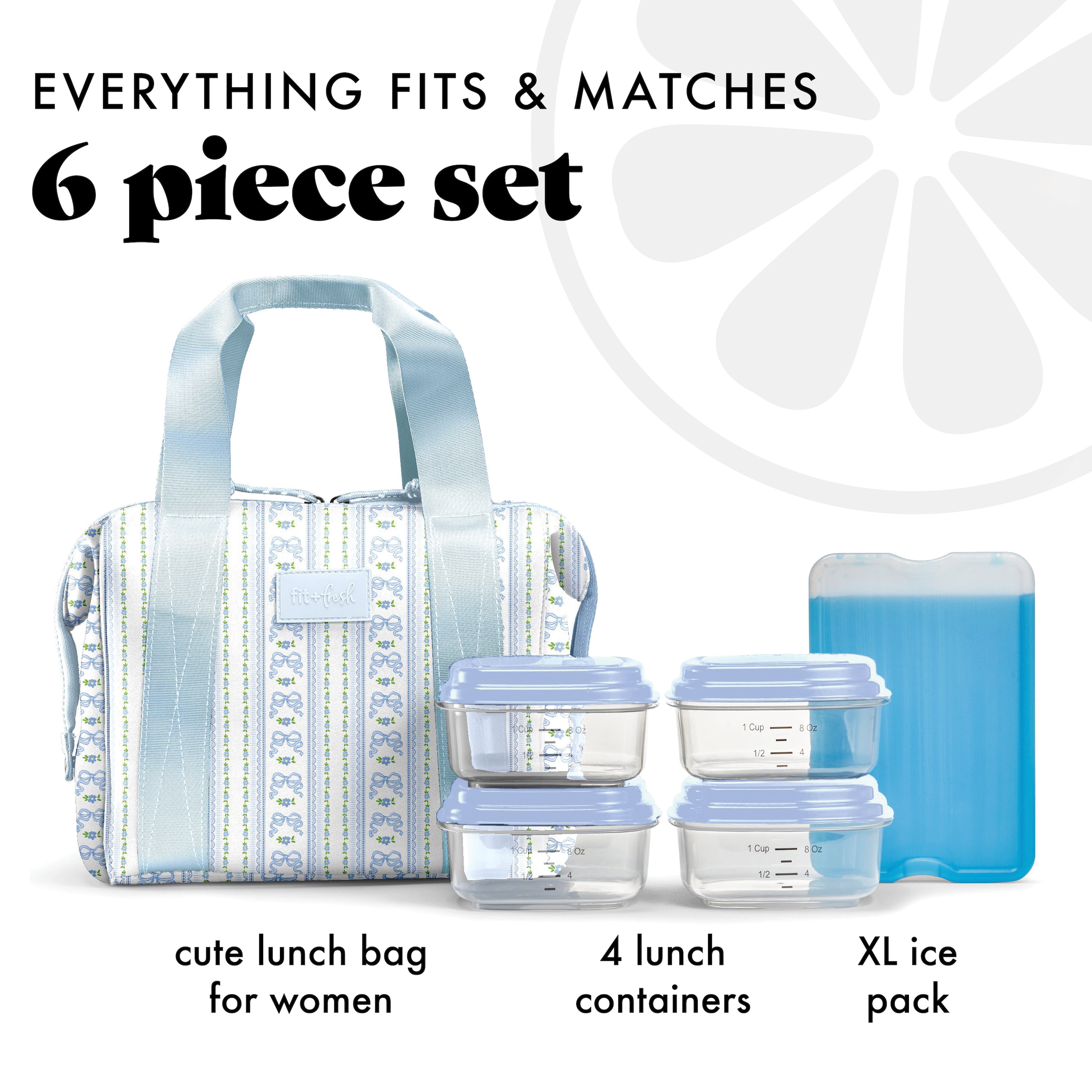 Fit + Fresh Remi Womens Lunch Bag, Insulated Lunch Box With Containers, Blue Wallpaper Bows