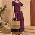 thumbnail image 3 of Vestido Maxi de Manga Corta para las Mujeres Cuello Redondo Color Bloque Suelto Vestido Casual, Maxi en Capas Sólidas para la Playa Y la Primavera, 3 of 8