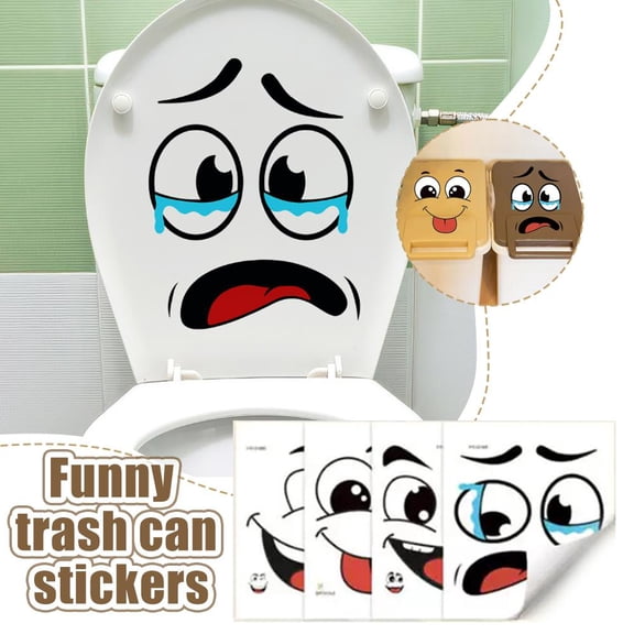 4-Pack Funny Face Stickers for Trash Can & Toilet, Waterproof Vinyl Smile Decals, Removable Humorous Expression Signs for Bathroom, Kitchen & Office Decor, Creative Prank Gift - 8x8 Inch