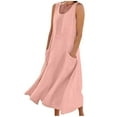 thumbnail image 2 of BRGZLK Women's Summer Cotton Linen Dress Round Neck Pleated Sleeveless Elegant Flowy Dresses Plus SizeLightweight Comfy Dresses with Pockets Pink M, 2 of 5