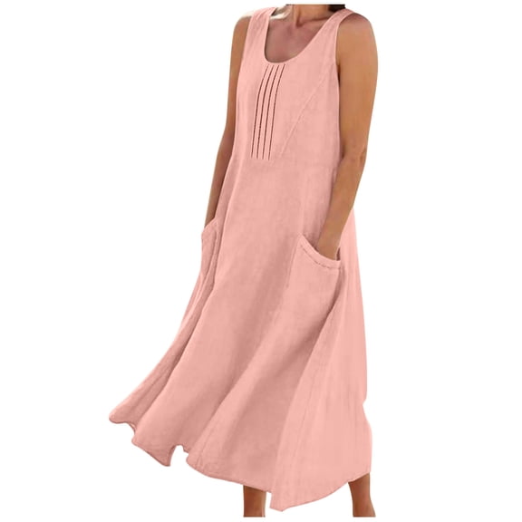 Fewfanhot Women Dresses Cotton Linen Casual Loose Pockets Long Dress Plain Sleeveless Tank Dress
