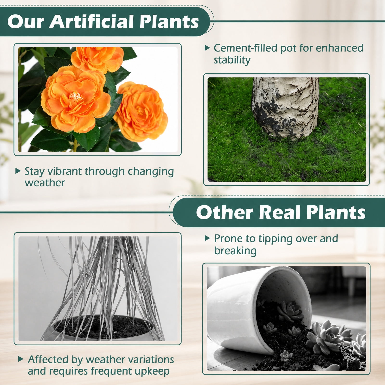 Vebreda Artificial Plant Decor, 39.5" Artificial Camellia Tree with Orange Blossoms in Cement Pot for Home Decoration, Selected Materials