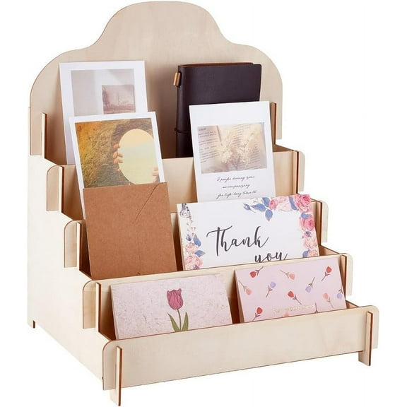 4 Tiers Greeting Card Display Stand Wooden Greeting Card Holder Display Collector Card Rack Display Portable Postcard Display Stand Card Display Rack for Postcard Display 11.4x10.2x13.4 Inch