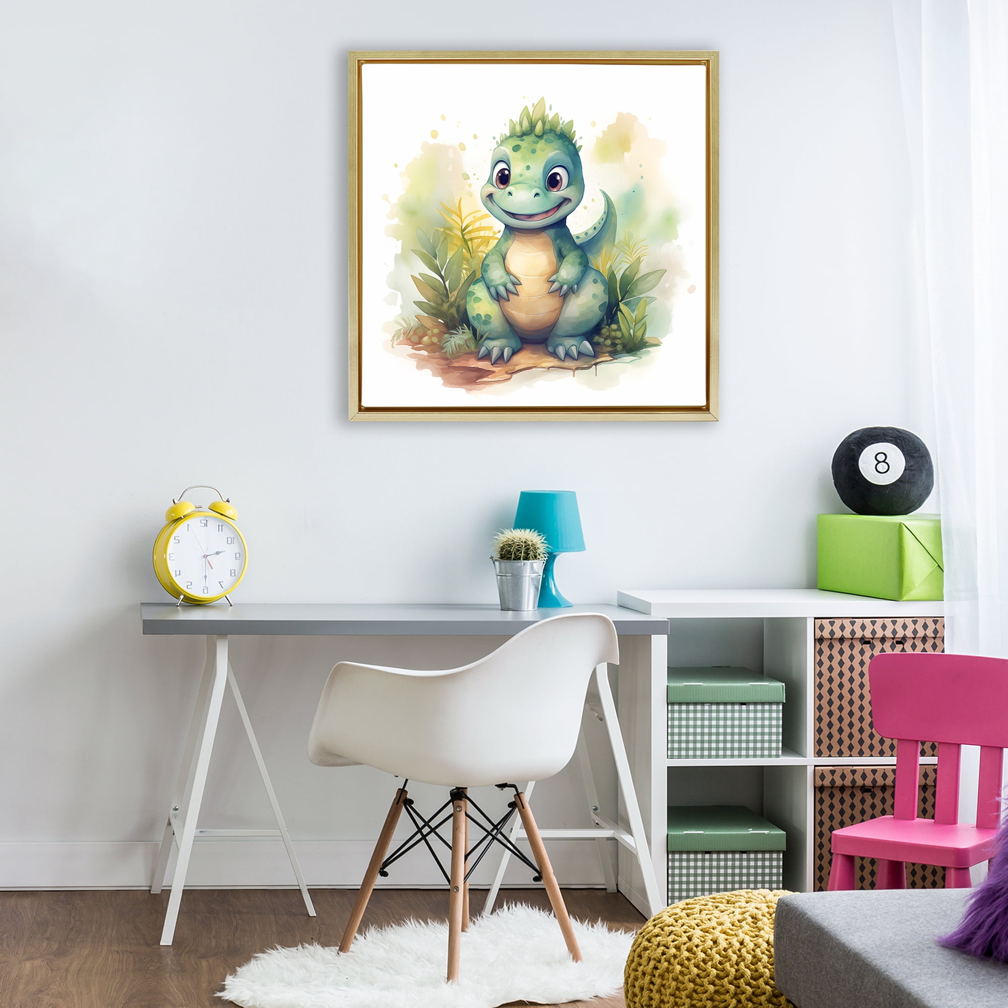 Stupell Industries Crafty Smiling Dinosaur Gold Framed Floater Canvas Wall Art, design by Steve Hunziker