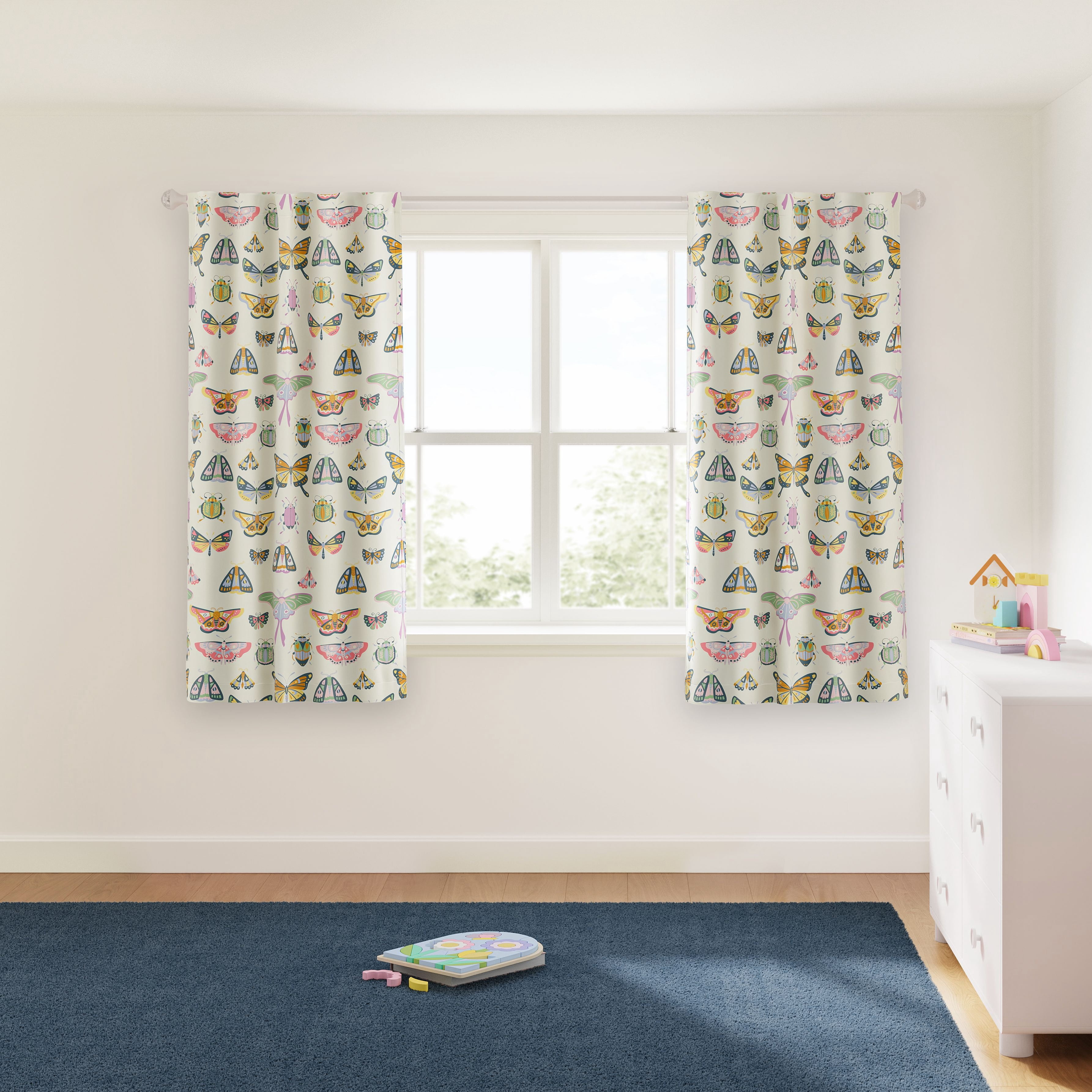 Mainstays Kids Multicolor Butterfly Printed Blackout Rod Pocket with Back Tabs Single Curtain Panel, Set of 1, 38" W x 63" L