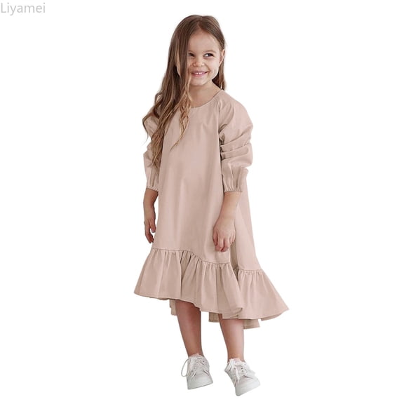 Liyamei Kids Little Girls Daily Dress Autumn Long Sleeve Solid Irregular Princess Dress Ruffle Casual Party Dresses Outfits Clothes Girls Dresses 7-8 Years
