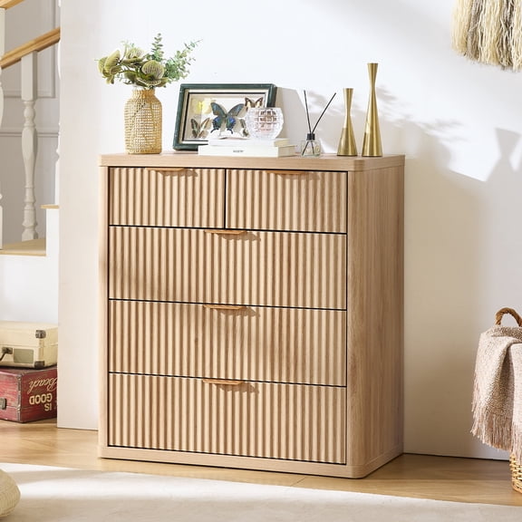 LELELINKY Fluted 5 Drawers Dresser, 34" Tall Modern Chest of Drawers, Curved Profile Design, Wood Drawer Organizer for Bedroom, Living Room, Entryway, Natural