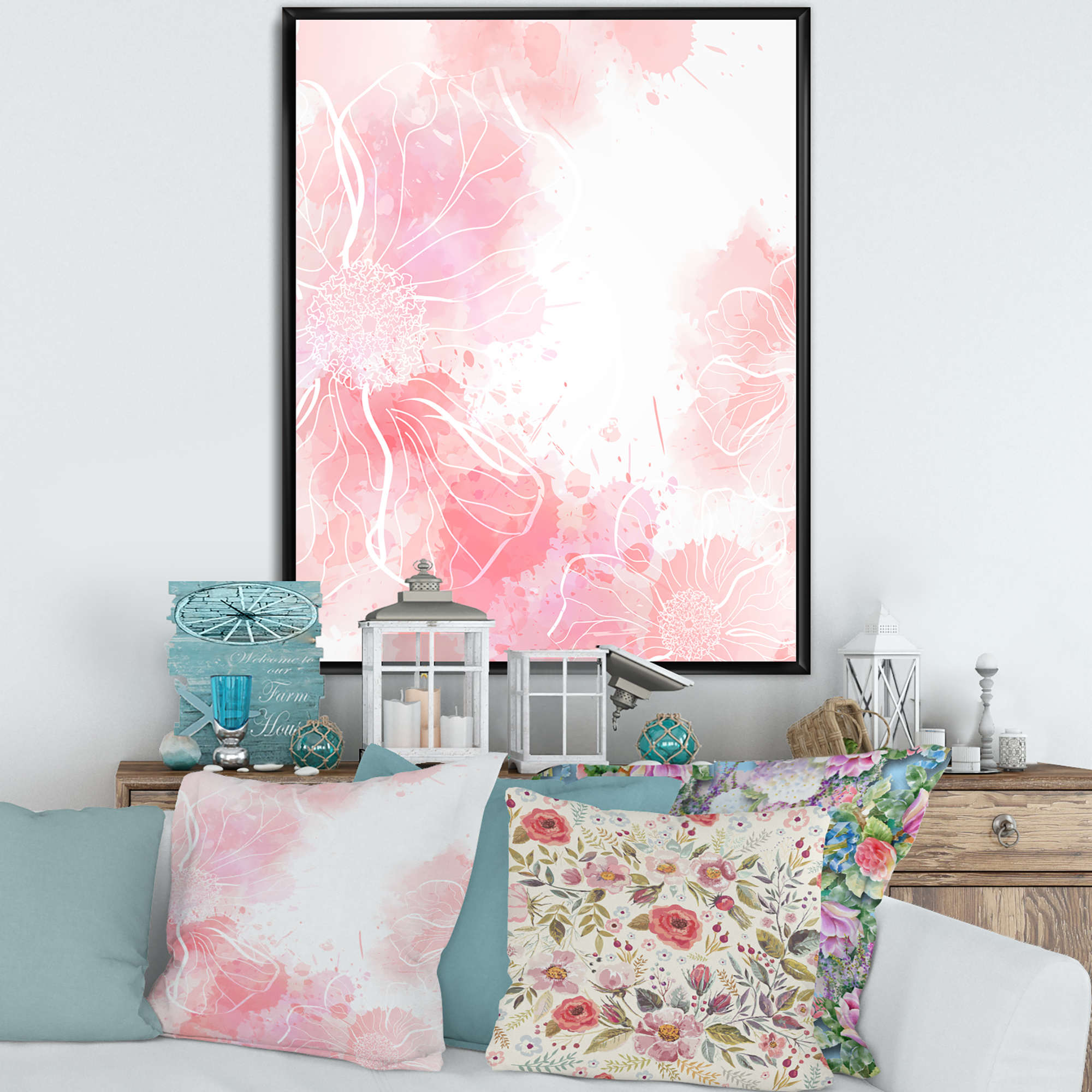 Abstract Splashes of Pink Flowers I 12 in x 20 in Framed Painting Canvas Art Print, by Designart