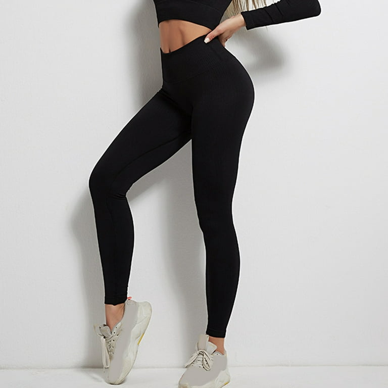 Women's Solid Pants Tummy Control Workout Leggings High Waist Yoga Pants  Black L 