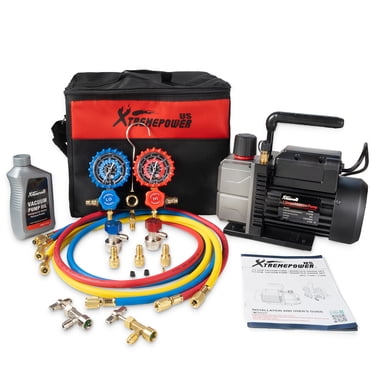 XtremepowerUS 1/3 HP 3.5CFM Single Stage A/C Vacuum Pump and AC Manifold Gauge Kit, for R32, R134a R22 R410a Systems, HVAC Air Conditioning Refrigeration Recharging Can Tap