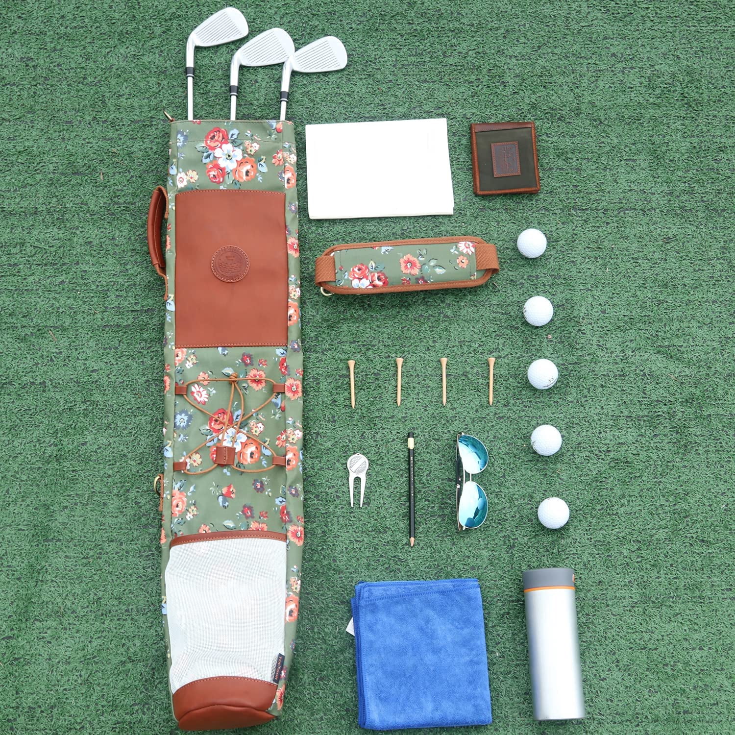 Canvas Golf Bag for Women Driving Range Travel Course Club Carry Case Green with Flower