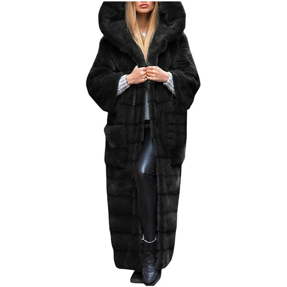 Clearance! Gallickan Women Coats Winter with Hood Womens Faux-Fur Long Sleeve Waistcoat Body Solid Color Hooded Long Jacket Coat Outwear