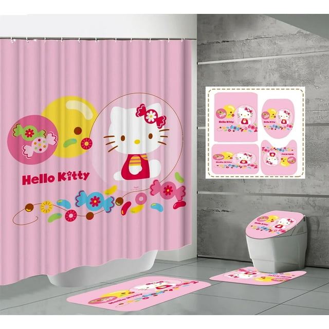 Rideau de Douche Kawaii Hello Kitty Ensemble de Quatre Pièces Sanrio Anime Kit Imprimé Rideau de Douche Tapis en Forme de U Imperméable Nouveau LS