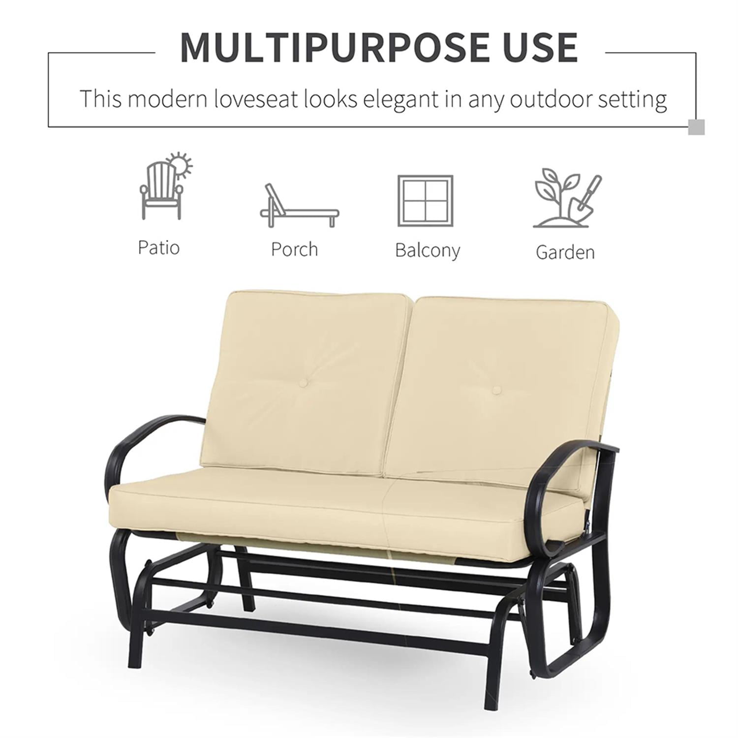 Demi Bonn Outdoor Glider Bench, 2-Person Patio Rocker Loveseat with Tufted Cushions, Steel Frame, Outdoor Glider Chairs for Porch, Garden Backyard, Beige